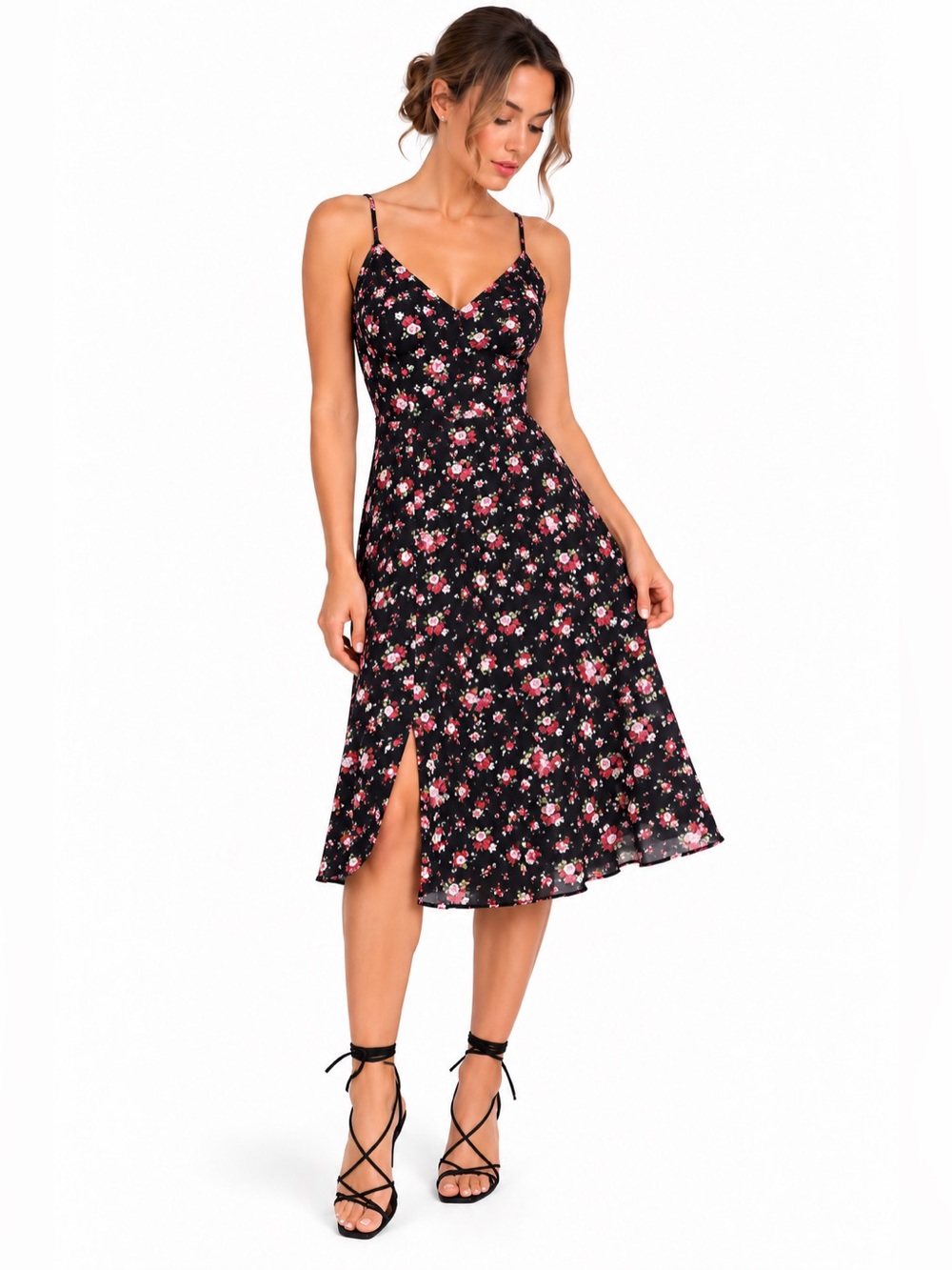 Lulus Esperanza Black & Pink Floral Midi Dress - Size Large